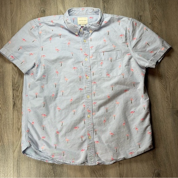 American Eagle Outfitters Shirt Mens XL Blue Flamingo Palm Tree Print Button Up - Picture 2 of 9